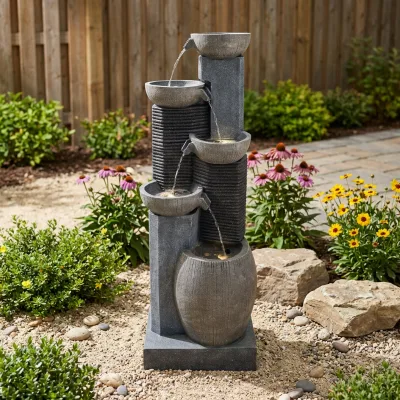 Freestanding Grey Stone Textured Water Sculpture Tiered Cascading Bowl Waterfall Fountain with Solar Pump for Patio Outdoor