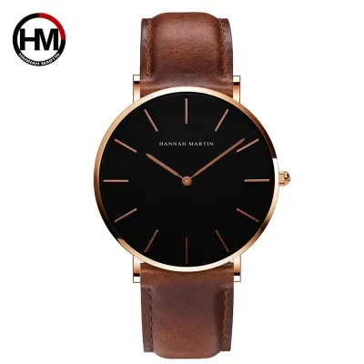 Hannah Martin High Quality Men's Watch Fashion Japan Quartz Wrist Watches Silver Brown Leather Quartz Movement Waterproof Clock