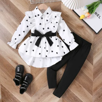 2024 Wholesale Autumn Kids Wear Fashion Children Clothes Love Print Lapel Top Dress Leggings 2Pcs Girls Clothing Set