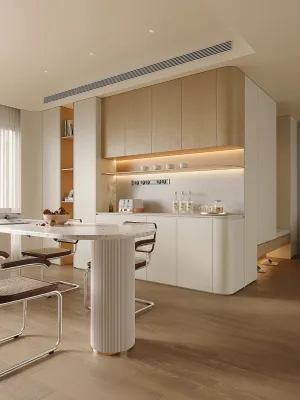 Dining Island Sideboard Set Cream White Base Wood Upper Unit LED Light Handleless Drawers With Fluted Table Base for Dining Room