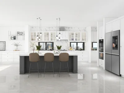 Shaker Style Kitchen Cabinets Black & White Two-Tone Design & Central Island with Marble Countertops & Glass Display Cabinets