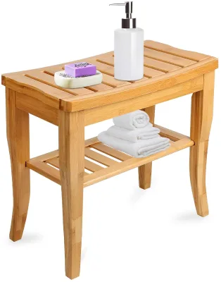 Wholesale Stock Item Bamboo Bathroom Spa Stool Bamboo Shower Bench with Storage Shelf
