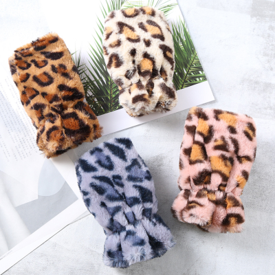 Womens Fashion Fingerless Gloves Leopard Printed Plush Fleece Glove Half Finger Mittens