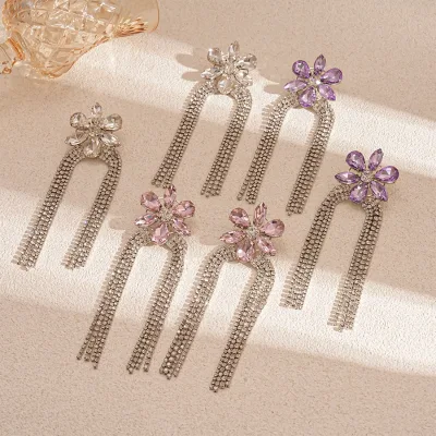 Sparkling Rhinestone Earrings Diamond Studded Flower Tassel Dangle Silver Needle Earrings for Women
