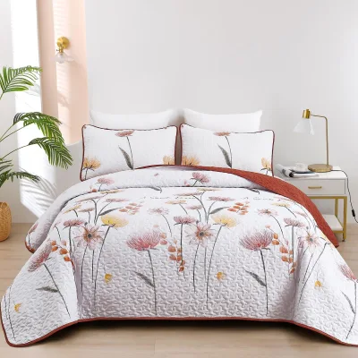 Polyester Fresh Flower Digital Printed Pillowcase Bed Cover 3-Piece Set Soft Comfortable Skin Friendly Durable Quilted for Home