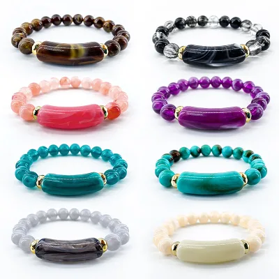Women Fashionable Luxury Elastic Bead Bracelet Rose Quartz Crystal Natural Tiger Eye Black Agate Stone Vintage Beaded Bracelet