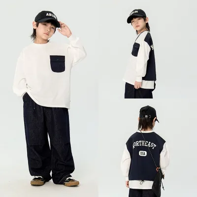 Boys' Long-sleeved 2026 Autumn New Children's Korean-style Cartoon Pocket Cotton T-shirt Fake Two-piece Casual Sweaters Trendy