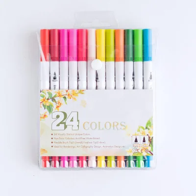 Glitter 24 Color Double Ended Painting Pen Dual Tip Watercolor Brush Pen for Outline Drawing Calligraphy and Coloring