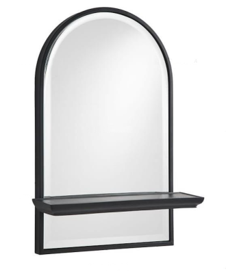Arched Black Metal Framed Wall Mirror with Shelf for Bathroom