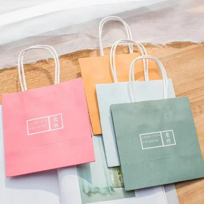Custom Design Cartoon Logo Printed Eco-friendly Reusable Durable Brown Kraft Paper Medium Size Twisted Paper Rope Shopping Bag