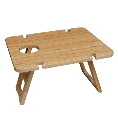 Portable Picnic Table Folding Wine Picnic Snack Table Tray Wooden Outdoor Picnic Table with Wine Bottle and 4 Glasses Holder