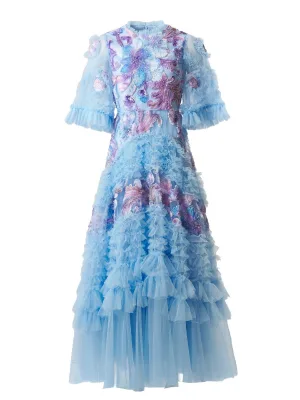 Formal Party Long Gowns 2026 Autumn Fashion Women Allover Luxurious Embroidery Beading Short Sleeve Blue Orange Dress Festival