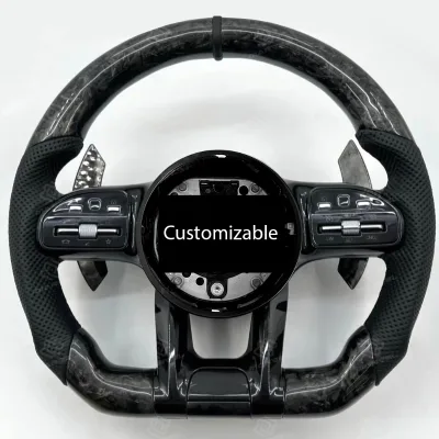 Sports Forged Carbon Fiber 3 Spoke Steering Wheel Black 12 O'clock Mark Perforated Leather Grip for Mercedes Benz Class C-Class