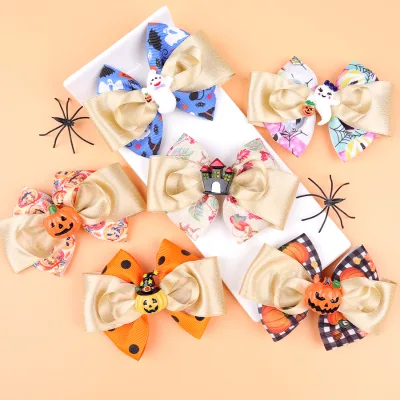 Cute Fabric Halloween Hair Clips Ghost and Pumpkin Hair Clip All Hallows' Day Bow Hair Clip for Hallowmas Party