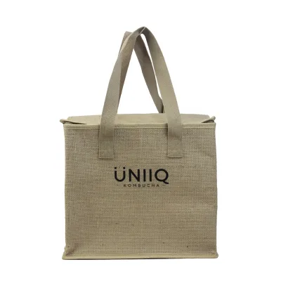 Large Capacity Eco Friendly Custom logo Jute Material Insulated Thermal Cooler Takeout Lunch Bag
