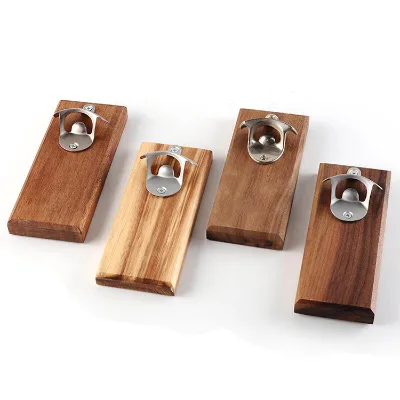 Vintage Rectangular Wooden Bottle Opener Keychain Imprint Mark Magnetic Wall Hanging Alloy Can Openers for Wine Beer Box Packed