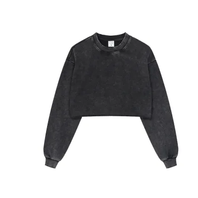 Trendy FD Solid Color Washed 380g 100% Cotton Terry Lined Worn-out Crew Neck Loose Edge Breathable Women's Hoodie European