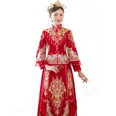 Women Vintage Satin Peacock Gown Wedding Xiuhe Suit Traditional Chinese Style Red Bridal Cheongsam Modern Qipao Dress