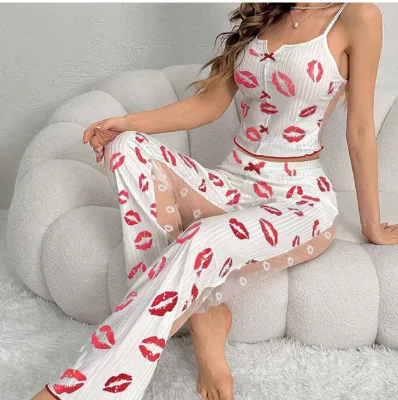 Newly Launched O-Neck Transparent Sleepwear Set for Women Heart-Shape Print Contrasting Lace Mesh Long Underwear Sexy Stylish