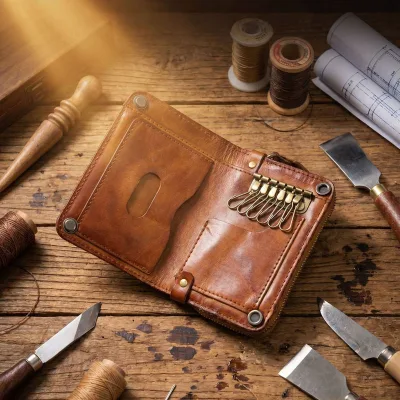 Keychain Custom Vegetable-tanned Leather Wallet Men Retro Aged Washed Japanese-style Cowhide Key case