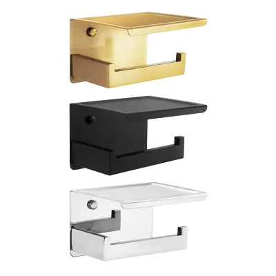 Modern Wall-Mounted Waterproof Brushed Gold Metal Self Adhesive Rectangular Bathroom Tissue Mobile Phone Shelf Storage Rack