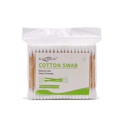 High Absorbency 100 Pieces Wooden Stick Cotton Bud with Bags Flat Square Box Smooth Stems for Effortless Makeup Application