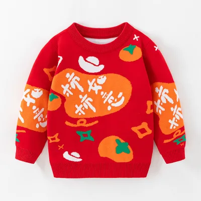 2025 New Winter Style Double-Layer Cotton Sweater for Boys Girls Kids' Holiday Top with O-Neck Collar Cartoon Thicken Warm Top