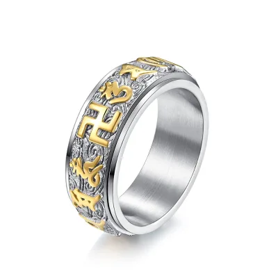 Buddhism Six Words of Scripture Stainless Steel Ring Rotatable Lotus Pattern Auspicious Cloud Pattern Ring