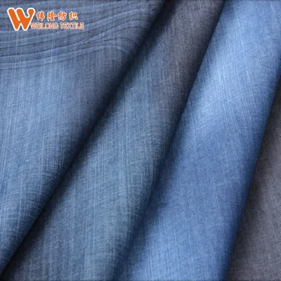 Stock 5oz Light Cotton Poly Denim Fabric for Lady Dress and Men T-shirt