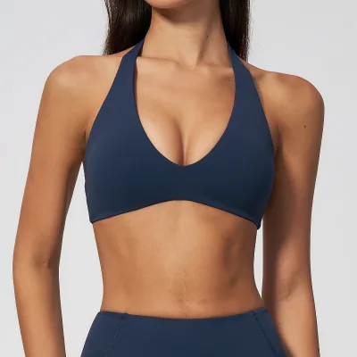 Quick Drying Breathable Halter Deep V Neck Sports Bra Removable Pads Slim Fit Women Activewear Yoga Top