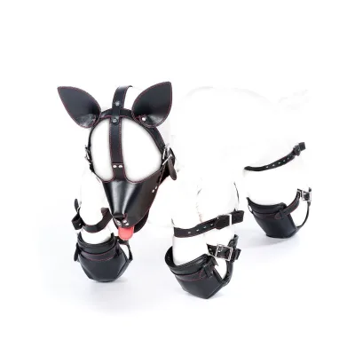 Puppy Play Costume Accessories PU Leather Dog Hood Mask Paw Mitts Elbow Knee Pads Collar Role Play Gear