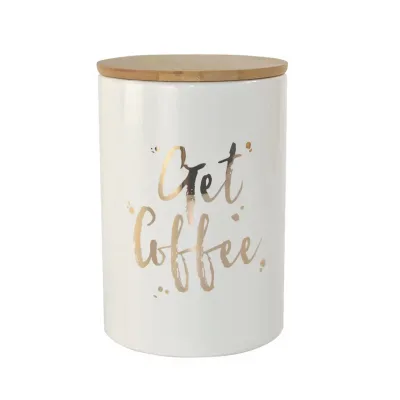 Gold Printing Cylinder White Porcelain Tea Coffee Canister With Sealed Bamboo Lid