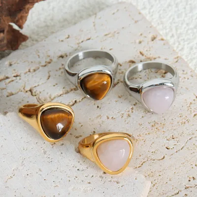 Hot Natural Powder Stone Natural Tiger's Eye Stone Elegant Couple Ring Titanium Steel Ring