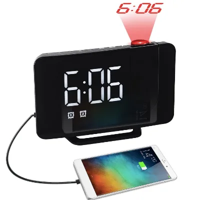 Digital LED FM Radio Time Projection Alarm Clock with Phone Charging Port