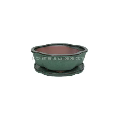 Ceramic Clay  Bonsai Pot with Tray Custom Green Flower Pot for Home Decor