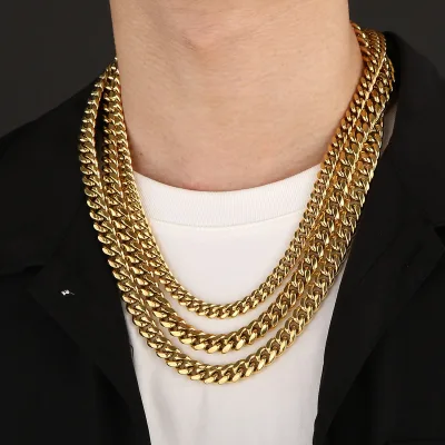 Wholesale Classic Fashion Gold Plated Vintage Miami Cuban Link Chain Chokers Basic Punk Stainless Steel Necklace for Men Wome