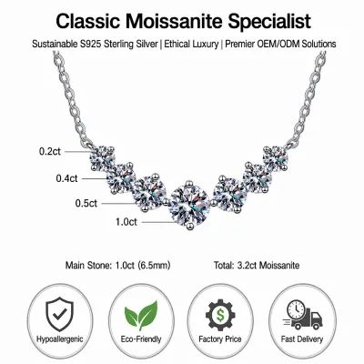 Luxury 1ct Center Stone Moissanite Necklace S925 Silver 3.2ctw Graduated Curved Bar Anti-Flip Design Private Label