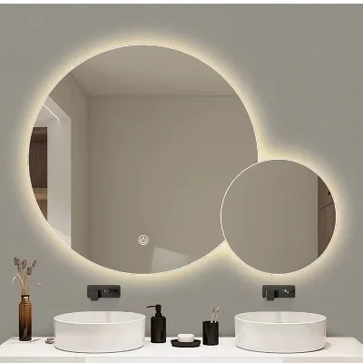 Touchscreen Smart Illuminated Bathroom Makeup Mirror with LED Strip Light Wall-Mounted Backlit Circular Mother-and-Child Mirror