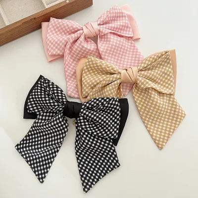 New Big Bowknot Hair Clip Layered Ribbon Plaid Hair Bow for Girls Decorative Headwear