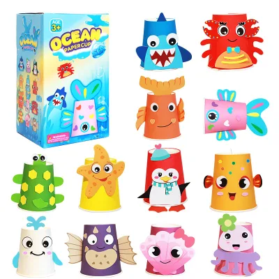 New Ocean Paper Cup Sticker DIY Kit Kids Handmade Craft Educational English Learning Kindergarten Party Decoration Material Set