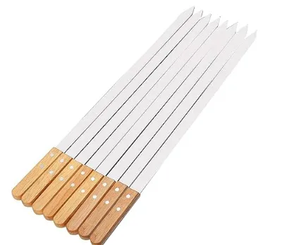 Flat Stainless Steel Kebab Skewers with Wood Handle Kebab Rotating BBQ Accessories