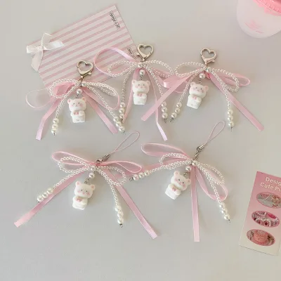 Mobile Phone Lanyard Korean Style Cute Bowknot Bear Keychain pink Ribbon Bow Key Chains Decoration Pendant Girl Birthday Gifts