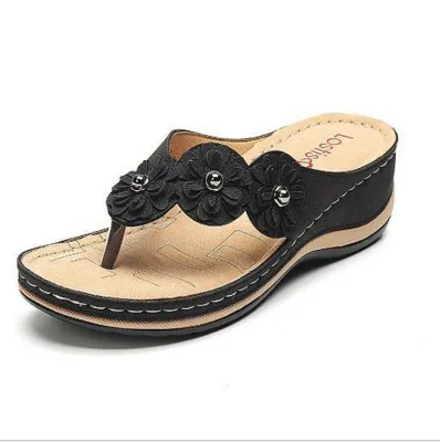 Summer New Large Size Vintage Flower Flat Wedge Sandals Women's