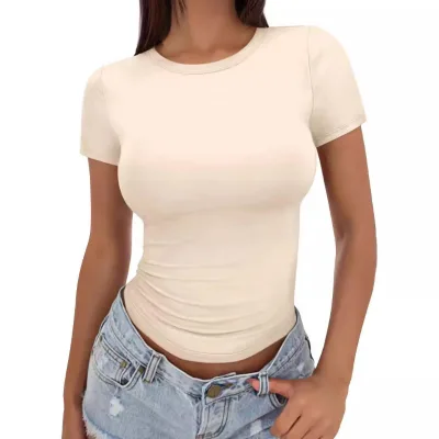 Fashion Queen Women's 100% Cotton Knitted Printed Baby Sweet Short Sleeve Crew Neck Summer Slim Fit Y2k Crop Top