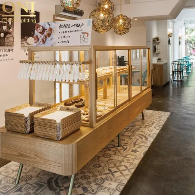 ONI Modern Bakery Retail Store Furniture Decoration Brilliant Free Design Wooden Counter with LED Lighting Bakery Display Stand