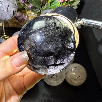 High Quality Natural  Crystal Gemstone Black Rutile Quartz Sphere Crystal for Meditation