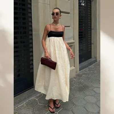 Casual Lazy Splicing Cotton and Linen Suspender Dress Holiday Dress