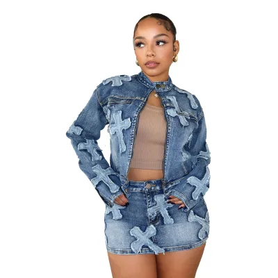 Trendy Women Denim Jacket Outfits Stretch Zipper Crop Jacket Mini Skirt Sets Lady Casual Y2k Two Piece Denim Skirt Sets Women