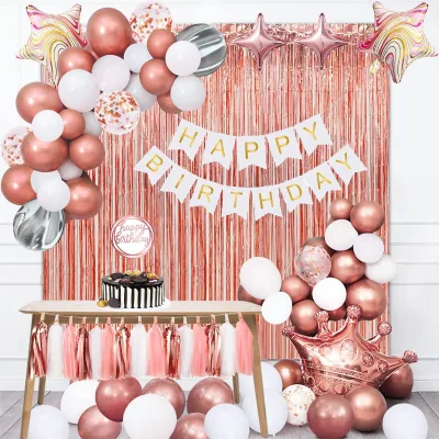 Romantic Girl Birthday Decoration Set Rose Gold White Balloons Curtain Cake Topper Happy Birthday Banner