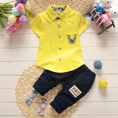 Children Clothing Wholesale Kids Boys Yellow Polo Shirts Black Shorts Sets